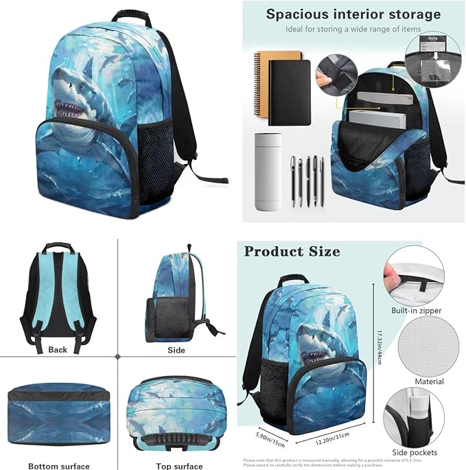 Ystardream Kids Backpack and Lunch Box Set Cool Shark 6Th Grade Backpack for Boys 17 Imch Bookbags with Spacious Interior Storage Pencil Case Water Bottle Sleeve for Children Travel and School Use