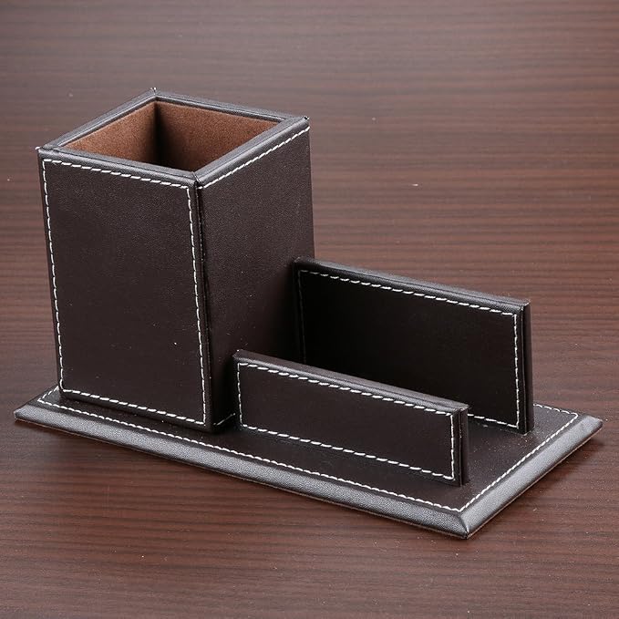 PU Leather Desk Organizer and Accessories, Pencil Holder for Desk with Business Cards Stand, School Office Supplies Collection Caddy Brown