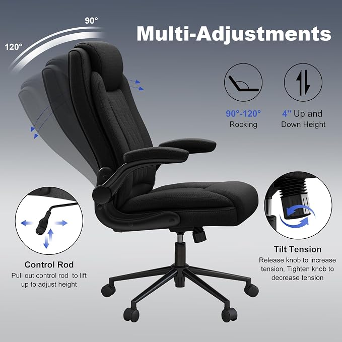 ralex-chair Big and Tall Fabric Office Chair 500lbs with Flip Up Arms | High Back Office Desk Chair with 120° Tilt Rock,Computer Desk Chair with Adjustable Height- Black