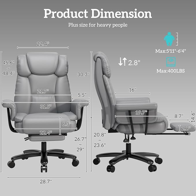 GYI 160 Reclining Office Chair with Footrest, Big & Tall Desk Chair, Grey | Cross Legged Seat, High Back, Faux Leather, Heavy Duty Base, Adjustable Height, for Home, Executive