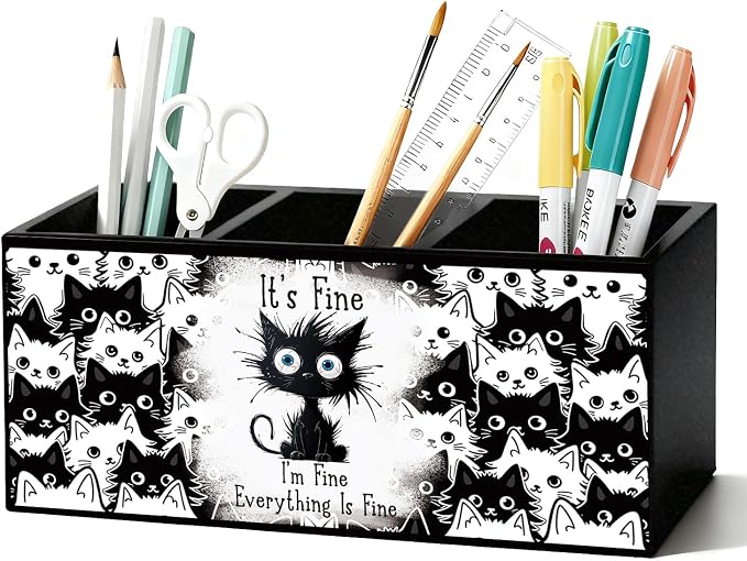 Funny Black Cat Pen Pencil Holder for Desk, Funny Office Gifts for Coworkers, Black Cat Gifts for Women, It's Fine Everything Is Fine Wooden Box Sign Decorations for Home Office Desk Tabletop
