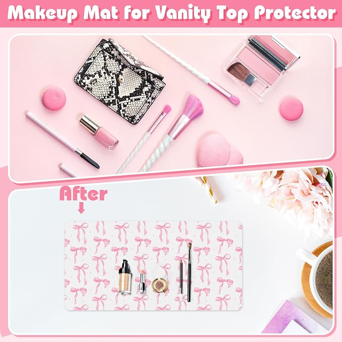Teenyyou Coquette Bow Makeup Mat for Vanity Top Protector Back to School Gift 23.6" X11.8" Dual Side Leather Desk Mouse Pad Girly Waterproof Nonstick Dressing Vanity Cover for Women Home Office
