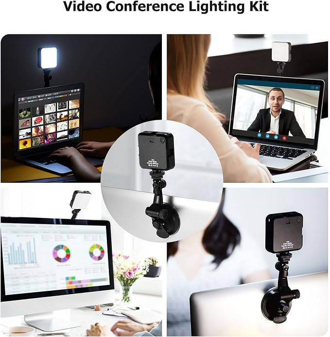 Video Conference Lighting Kit, Andoer LED Video Light with 2500K-6500K Dimmable Rechargeable 3 Cold Shoes and Suction Cup Mount for Laptop Live YouTube Streaming Online Meeting