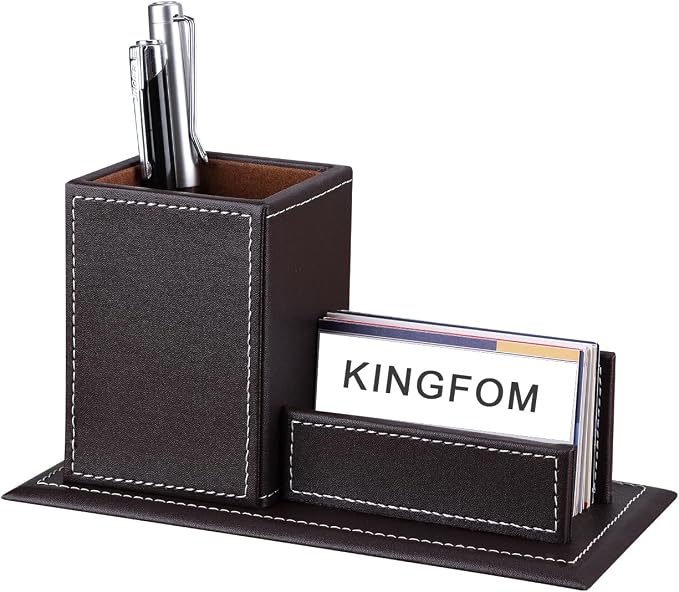 PU Leather Desk Organizer and Accessories, Pencil Holder for Desk with Business Cards Stand, School Office Supplies Collection Caddy Brown