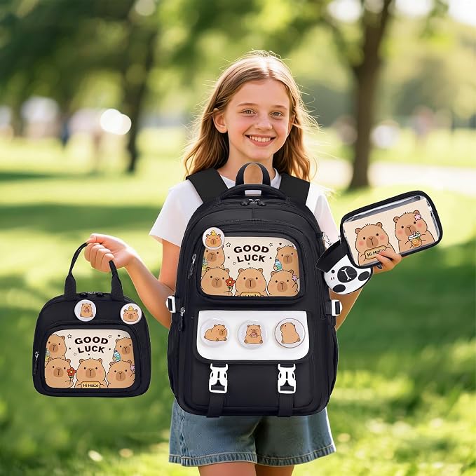 Capybara Backpack for School Girls, 30PCS Capybara Gifts School Supplies Stationery Set with Lunch Box Pencil Case Pens Pencils Notebook Cartoon for Kindergarten Elementary Student(Black)