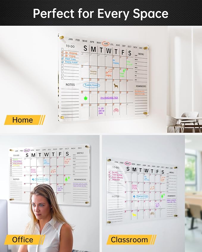 24x16 Acrylic Wall Calendar with Dry Erase Surface, Streamlined Monthly Planner Board, Includes Vibrant Markers, Eraser, Multi-Color Mounting Screws, & Easy Install Kit - Ideal for Home & Office