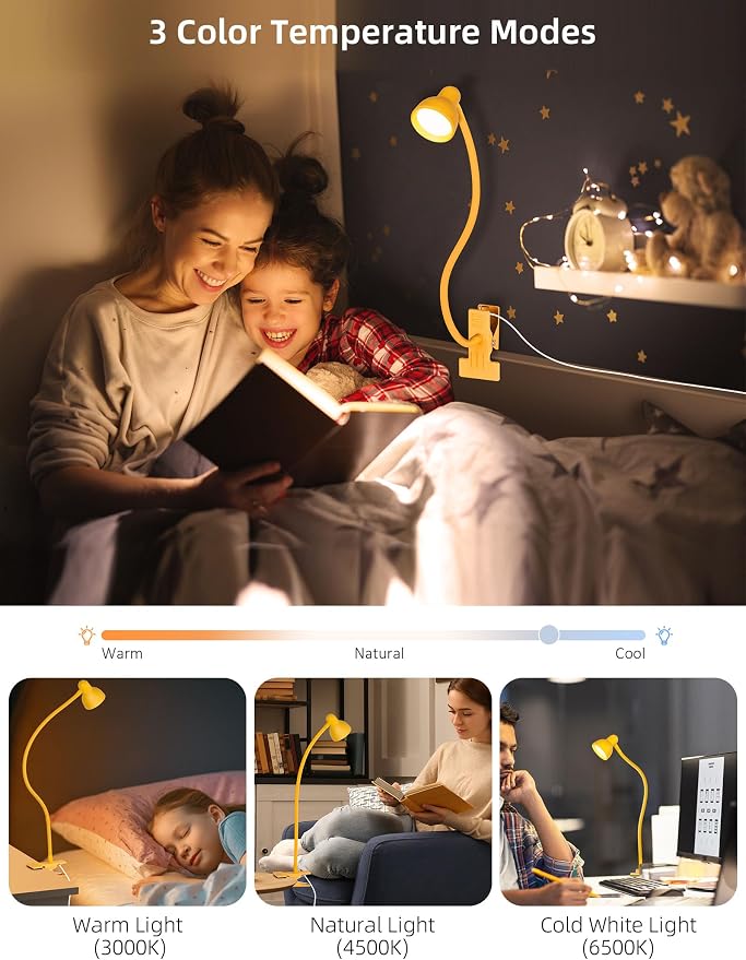 LiFMIRA Clip on Reading Light for Bed 3 Color Modes, 10 Brightness Dimmable, Flexible Gooseneck Clip on Lamp, Eye Care Clip Light for Bed Headboard Desk Home Dorm, Yellow