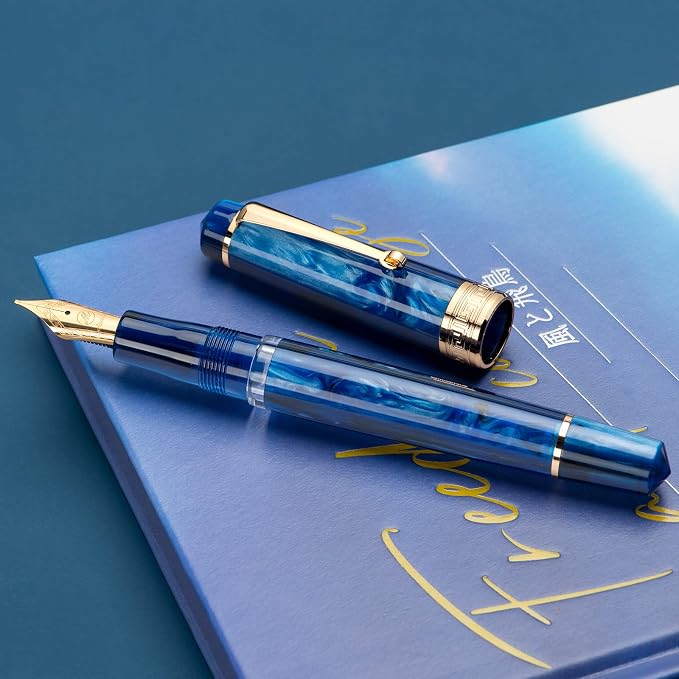 Asvine P20 Piston Fountain Pen Galaxy Blue Resin, Iridium Extra Fine Nib Gold Trim Smooth Writer Collection with Case Set