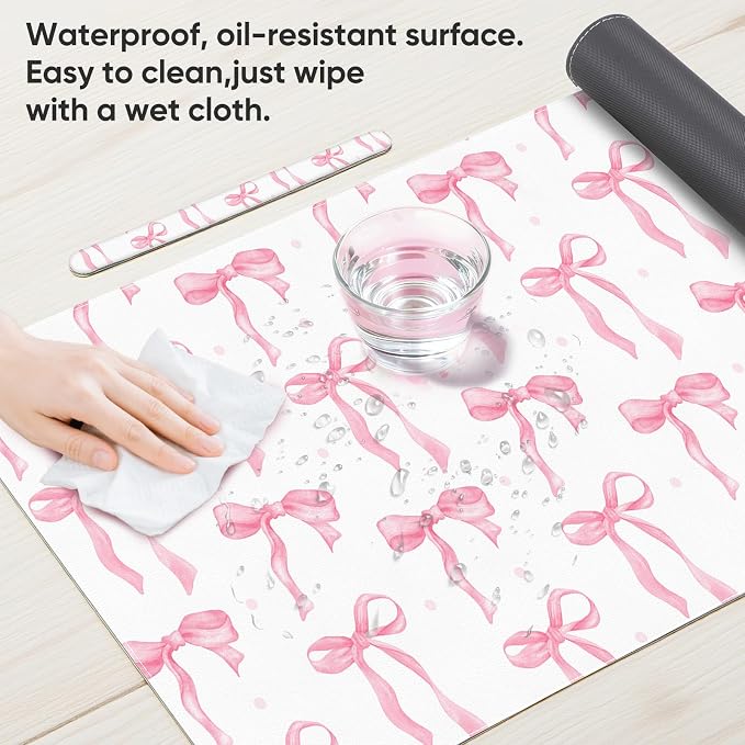 Desk Mat, XXL Large Mouse Pad,Leather Desk Pad Blotter Protector,Computer Laptop Mouse Pads for Desktop,Waterproof Writing Anti-Slip Mousepad for Office and Home I Pink Bow Girly