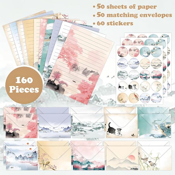 FUNCLASS 160 Pcs Stationery Set Letter and Envelopes – 50 Lined Stationery Paper and 50 Matching Envelopes, 5.5 x 8.25 Inches Letter Writing Stationery for Home, Office, School (Ink wash)