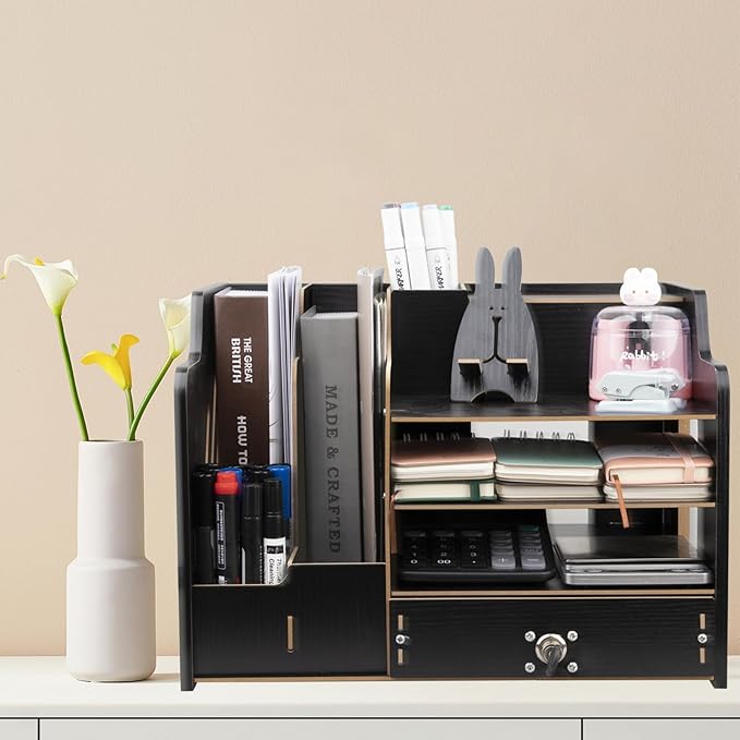 Bamboo Desk Organizer, Desktop Wood Bookshelf File Organizer, Pen Holder and Tissue Holder, 1 Drawer with lock for Office, Home, Need to Install (Light black)