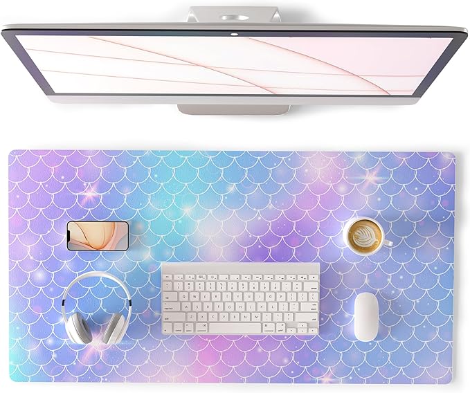 QiyI Large Desk Pad, Colorful Mouse Pad Desktop Decor, Waterproof PU Leather Desk Cover Protector, Desk Accessories for Office Home Work Writing Gaming 31.5" x 15.7" - Gradient Fish Scales