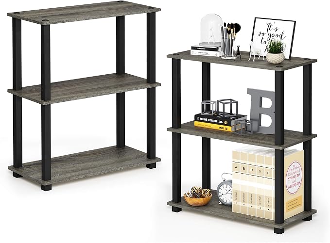 Furinno TURN-S-TUBE Storage Shelves Set of 2, 3-Tier Book Shelf, Corner Shelf, Toolless Open Shelves, Square Tubes, for Organization and Storage, Living Room, Garage, Home Office, French Oak
