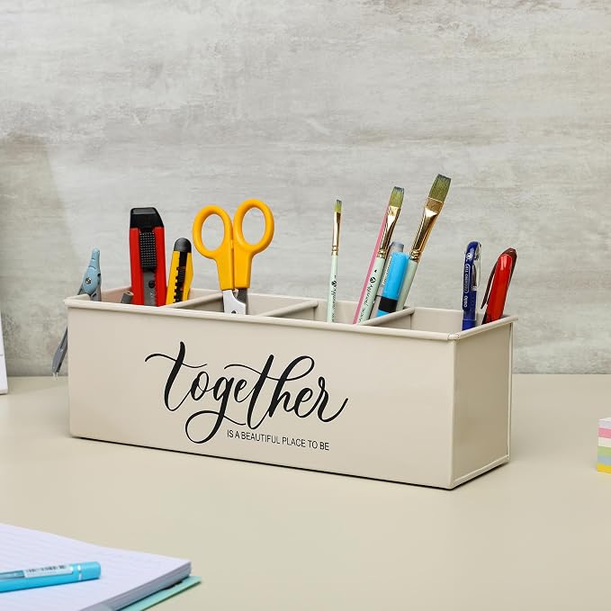dudki Desk organizer with 4 compartments for office table | stylish Metal Desk Organizer | Stationary Storage | Pencil Holder for Office, Home, and Study Table (Together) Beige