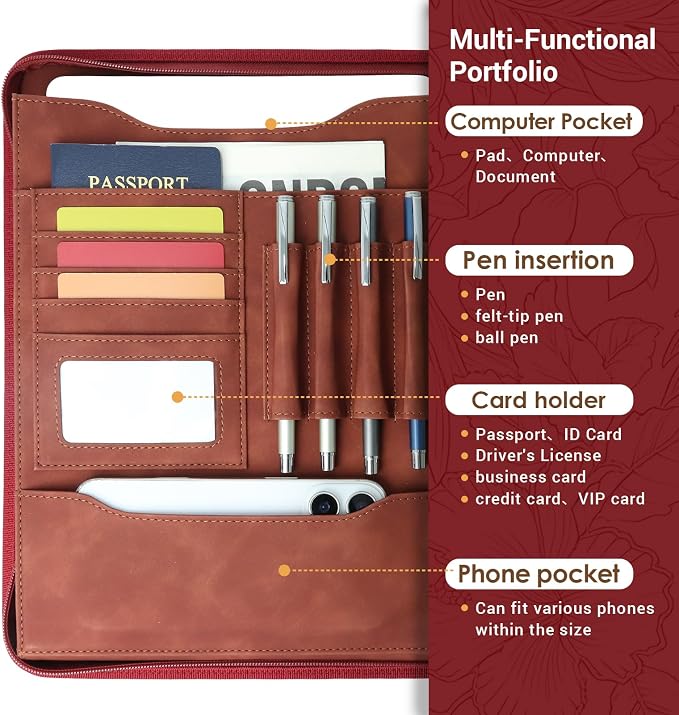 A4 Embossed Faux Leather Zippered Padfolio with 3 Ring Binder, Executive Portfolio Organizer Binder for Women, Fits 13.9" Laptop/Tablet, Refillable Writing Pad Pocket, Red