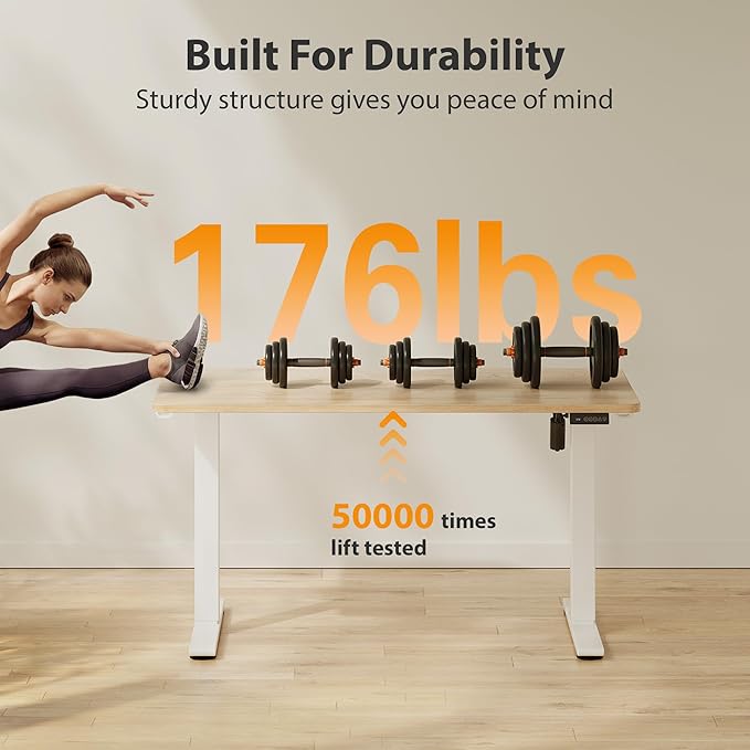 Cubiker Standing Desk, 55x24 Inches Sit Stand Home Office Desk, Electric Stand up Desk, Adjustable Desk with Splice Board, White Frame/Maple Top