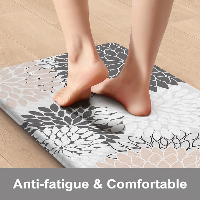 KIMODE Anti Fatigue Kitchen Mats for Floor 2PCS, Cushioned Standing Mats | 17"x47"+17"x29",Dahlia Floral,Pink Boho Floor Mats set of 2,Non Slip,Waterproof,Comfort Desk Mat for Sink Office Laundry home