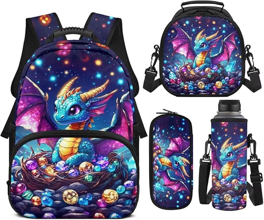 Cute Dragon Backpack for Girls Ages 6-8, 4PCS Elementary School Bookbag Set with Lunch Box, Cute Fantasy Back to School Supplies for 1st 2nd 3rd Grade