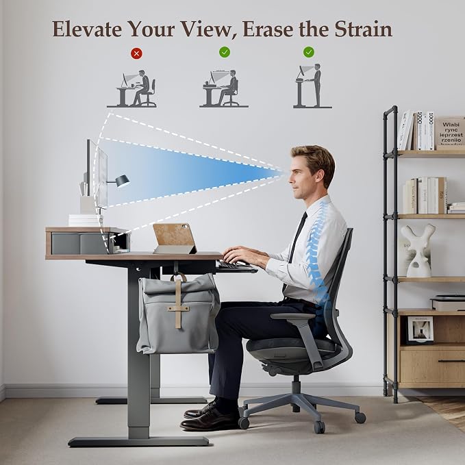 Klicelor 63 x 24 Inch Electric Standing Desk with Drawers and Keyboardtray, Adjustable Height Small Sit Stand Desk for Home Office, Compact Computer Workstation with Storage- Rustic Brown