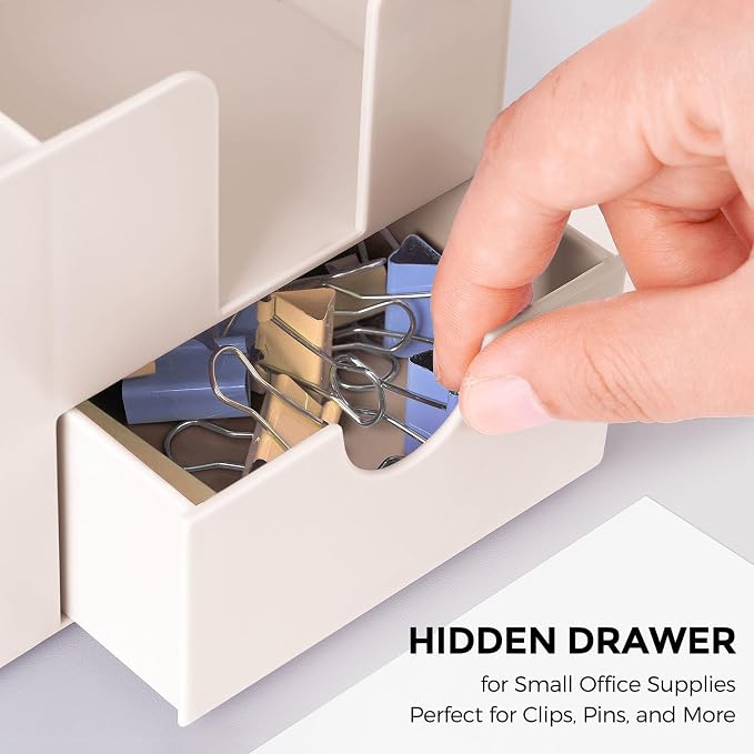 SKYDUE Small Desk Organizer with Drawer | 3 Compartments, Pen Holder for Desk, For Home, School, Office & College Dorm Room