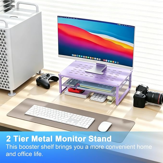 gianotter 2-Tier Metal Monitor Stand Riser, Office Desk Storage Organizer for Computer Monitor, Laptop, Printer, Office Supplies (Purple)