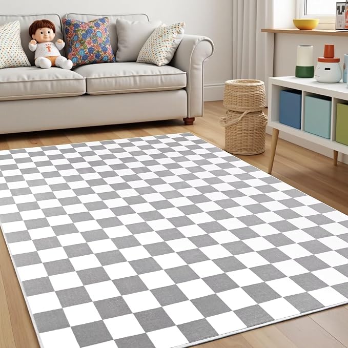 Terrug Grey and White Checkered Rug for Bedroom,3x5 Area Rugs Washable with Non Slip for Living Room,Soft Low Pile Stain Resistance Retro Carpet for Dorm Kids Room