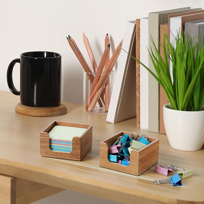 Acacia Wood Sticky Note Holder, 3 x 3 Inch Post It Note Dispenser for Office Desk Accessories, Self Stick Note Pad Holder, Memo Pad Holder Dispenser Organizer for School Office Desk Supplies
