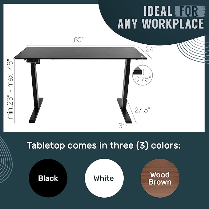 TechOrbits Electric Standing Desk Frame 60 x 24 Inch Tabletop - Motorized Workstation Two Leg Stand Up Desk with Memory Settings and Telescopic Sit Stand Height Adjustment (Black Frame/Wood BrownTop)