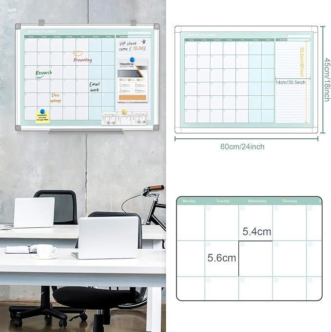 MAKELLO Dry Erase Calendar for Wall 24" x 18", White Board Calendar with Next Month for Office, Family, Kitchen and Bedroom | Magnetic Notice Board, Aluminum Frame, Wall Mount, Smooth Writing, Dry Erase, White Board for Office, Classroom, Home, School