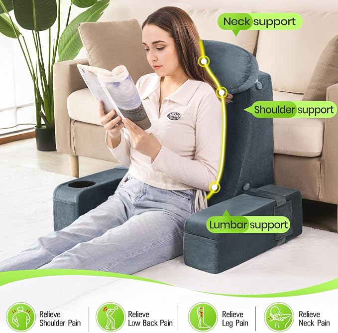 21 INCH Reading Pillow for Adults, Back Pillow for Bed Sitting Up, Backrest Pillow for Sitting in Bed, Detachable Arms with Built-in Cup & Phone Caddy (Dark Gray, 21 INCH)