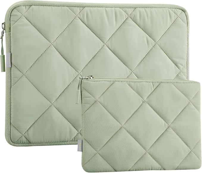 LANDICI Puffy Laptop Sleeve Carrying Case 14 15 Inch Compatible with MacBook Pro 14/15, MacBook Air M2 15, Surface Laptop 4/5, Chromebook 14, Cute Computer Cover Bag with Accessories Pouch, Green