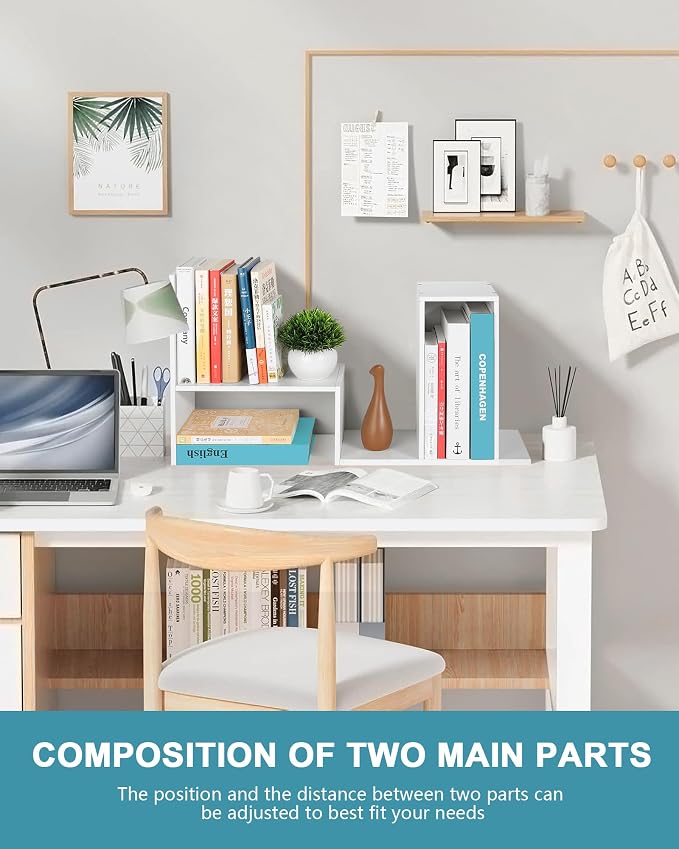 Desktop Shelf Organizer,Adjustable Stackable Office Storage Rack,Wood Display Shelf,White Small Bookshelf for Desktop,Tabletop Desk Shelf,Multipurpose Shelves for Office, Dormitory,Home Decor.