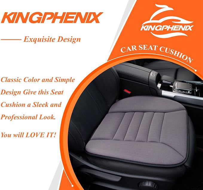kingphenix Memory Foam Car Seat Cushion for Driver and Office Chair Comfort | 1.2-Inch-Thick Memory Foam Seat Pad, Breathable Fabric, Non-Slip Silicone Bottom for Long Drives and Office Use, Dark Grey