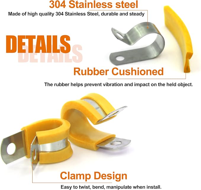 ISPINNER 52pcs Cable Clamps Assortment Kit, 304 Stainless Steel Rubber Cushion Pipe Clamps in 6 Sizes 1/4" 5/16" 3/8" 1/2" 5/8" 3/4" (Yellow)
