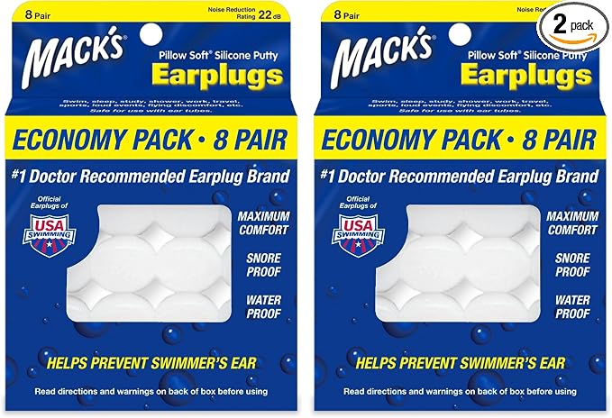 Mack's Pillow Soft Silicone Earplugs, 8 Pair - The Original Moldable Silicone Putty Ear Plugs for Sleeping, Snoring, Swimming, Travel, Concerts and Studying | Made in USA (Pack of 2)