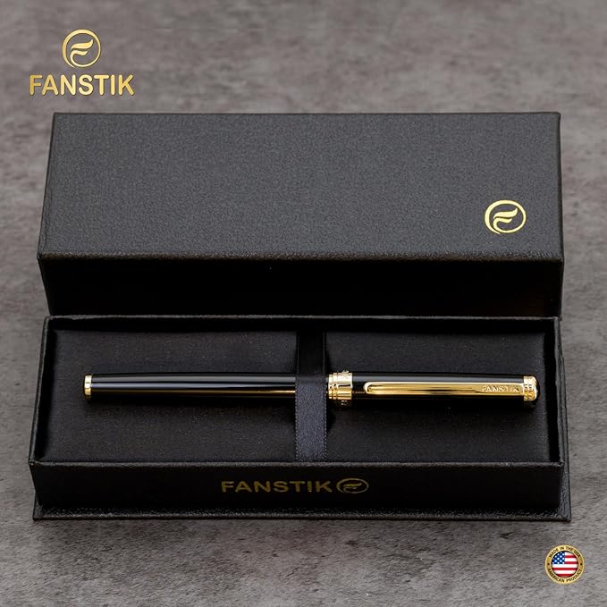 Black & Gold Luxury fountain pen, fancy gift set for women, Real 24K Gold Plating, Professional executive pen gift set for men (Lux fountain Black-Gold)