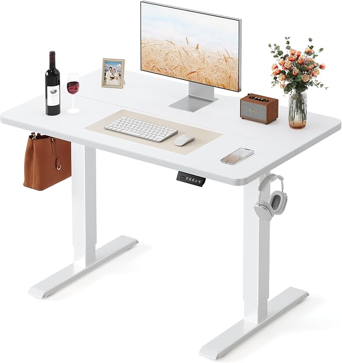FEZIBO 40 x 24 Inchs Electric Standing Desk, Height Adjustable, Sit Stand Up, Computer Office Desk with Splice Board, White Frame/White Top