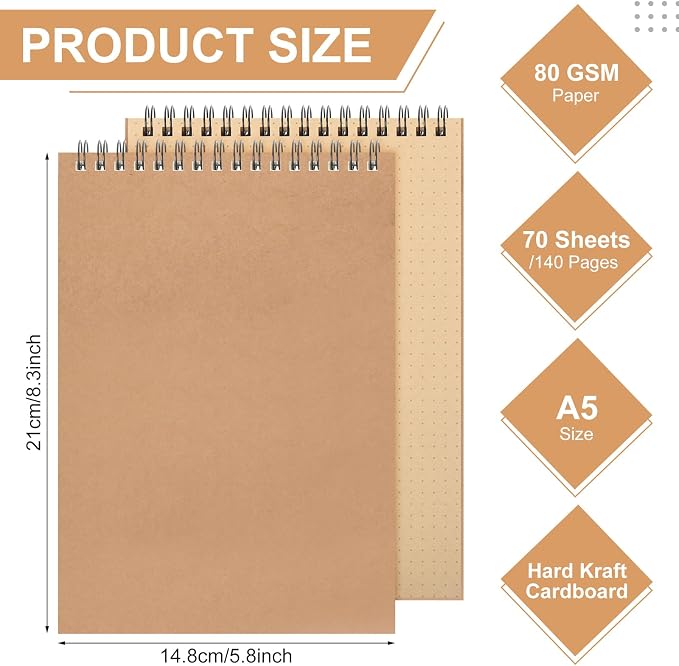 Engrowtic 2 Pcs Dot Grid Notebook Top Spiral Notebook A5 Size Bullet Dotted Paper Hardcover Dot Journal 8.3''x 5.8'' 140 Pages Spiral Notepads for Drawing Writing School Office (Kraft Page)