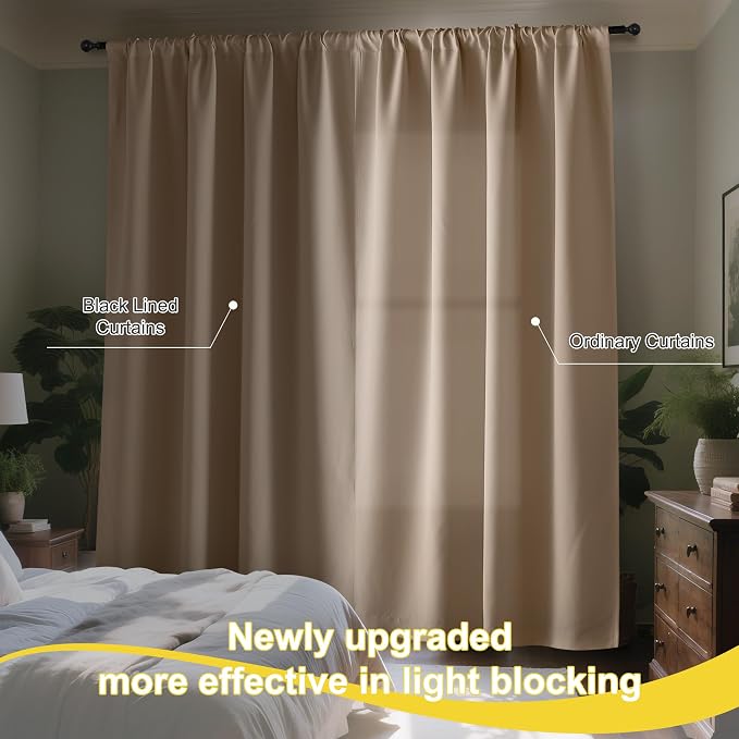 NICETOWN 100% Blackout Curtains for Living Room, Taupe W52 x L84 Set of 2 Light Blocking & Soundproof Drapes,Rod Pocket Black Lined Window Treatment Panels for Patio Sliding Glass Door
