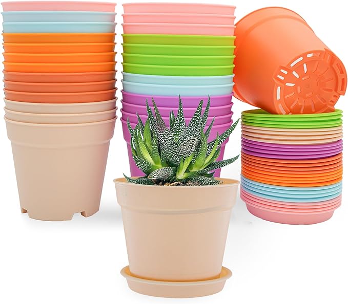 SwinDuck 4 inch Plant Pots, 28 Pack Small Plastic Planters with Drainage Holes and Saucers for Flowers Plants, Succulents, Seed Starting Pots, Colorful