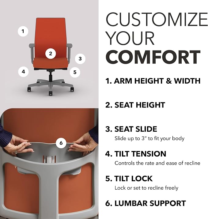 HON Ignition 2.0 Mid‑Back Ergonomic Office Chair, Mesh Task Seating with Lumbar Support, Advanced Synchro‑Tilt, Height and Width Adjustable Arms, Titanium Frame, Salamander
