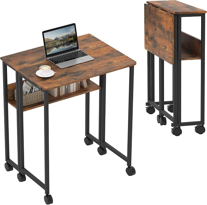 Garvee Folding Desk Small Rolling Desk with Storage Shelf,24.8 Inch Foldable Computer Table for Small Spaces, Space Saving Sofa Table with Wheels for Home Office, Study, Easy Assembly,Walnut