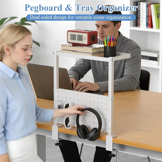Jumyee 2-Tier Side/Top Clamp On Desk Shelf With Magnetic Pegaboard(White) | Adjustable Desk Pegboard Tray & Magnetic Accessories, No-Drill Clamp On Desk Organizer Pegboard with 6 Hooks