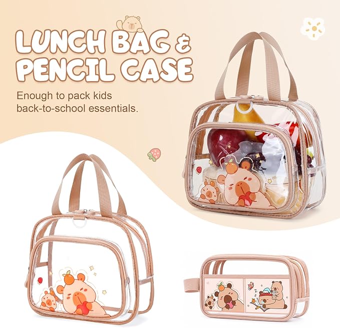 Capybara Theme Clear Backpack,Heavy Duty Transparent Backpack for Girls with Lunch Box Pencil Case,See Through Bookbag for Kids Teens Elementary Middle High School Stadium Approved