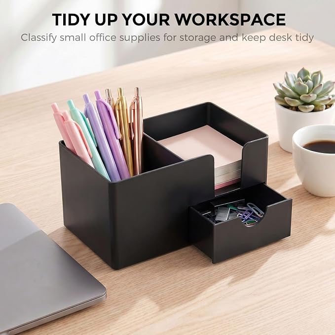 SKYDUE Small Desk Organizer with Drawer | 3 Compartments, Desk Pen Holder, For Home, School, Office & College Dorm Room