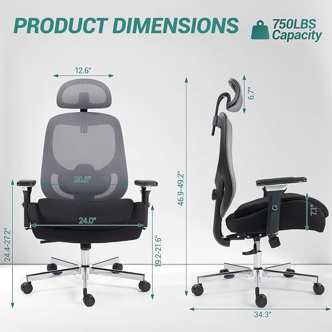 Big and Tall Office Chair 750lbs, Heavy Duty Ergonomic Mesh Desk Chair, 500+lbs Capacity, Extra Wide Seat, High Back Executive Computer Chair for Heavy People, Black & Grey