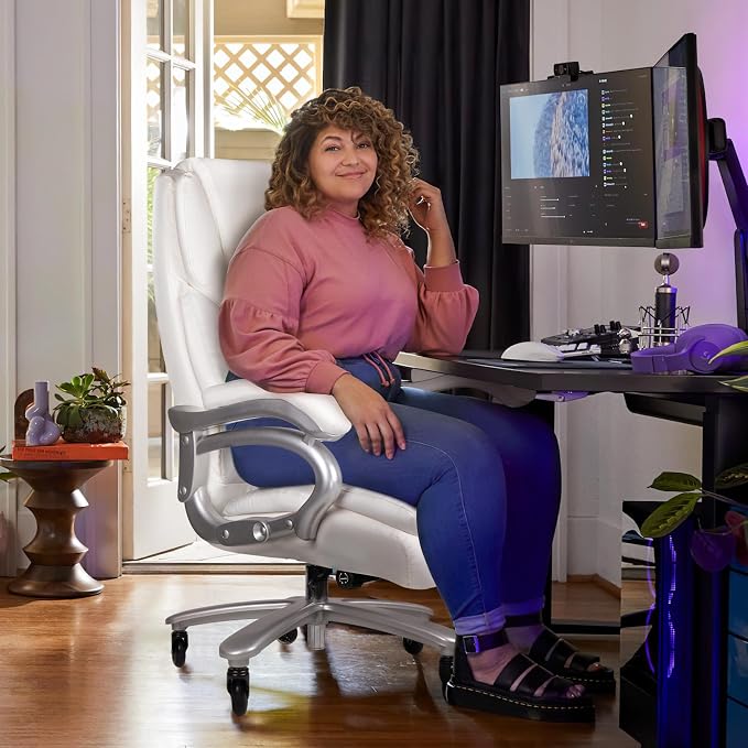 VITESSE 500lbs Heavy Duty Office Chair for Low Back Pain Relief, Big and Tall Office Chair with Ergonomic Lumbar Support, High Back Executive Chair with Quiet Rubber Wheel（White）