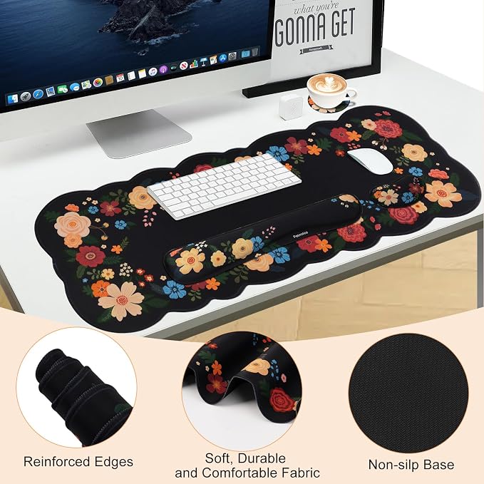 Petmolico Desk Pad Set with Wrist Rest for Keyboard & Mouse, Black Floral | Anti-slip PU base, durable Lycra & memory foam, relieves wrist fatigue, perfect for work, home & daily use