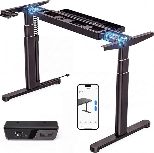 ErgoAV 3-Stage Dual Motor Electric Standing Desk Frame with Smart App Control, Height Adjustable Sit Stand Desk Legs with Coiled Power Cable & Cable Management Tray, Anti-Collision, Frame Only, Black