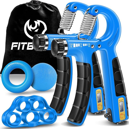FitBeast Hand Grip Strengthener Workout Kit (5 Pack), 2 Forearm Grip Adjustable Resistance Hand Gripper, Finger Stretcher, Grip Ring & Stress Relief Grip Ball for Athletes